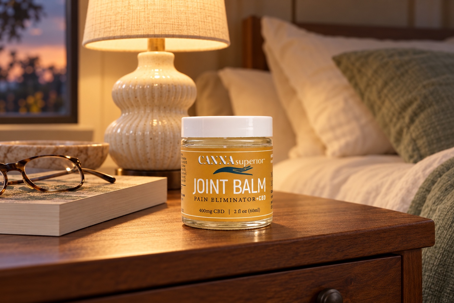 The 2 oz Joint Balm on a nightstand beside a book and a softly lit lamp